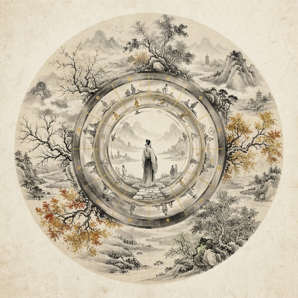 Ten-year luck cycles as a golden wheel with a figure at a crossroads