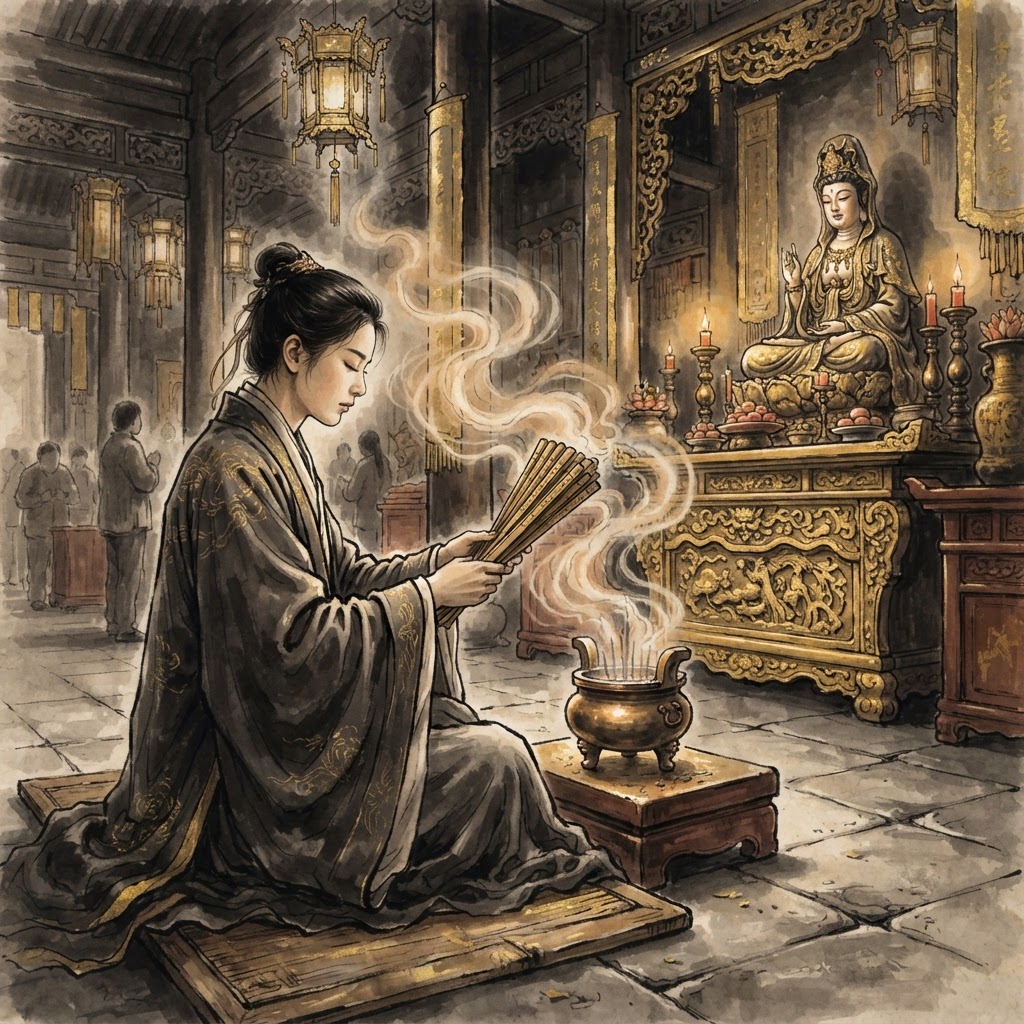 Interpreting a Guan Yin lot poem at a Chinese temple