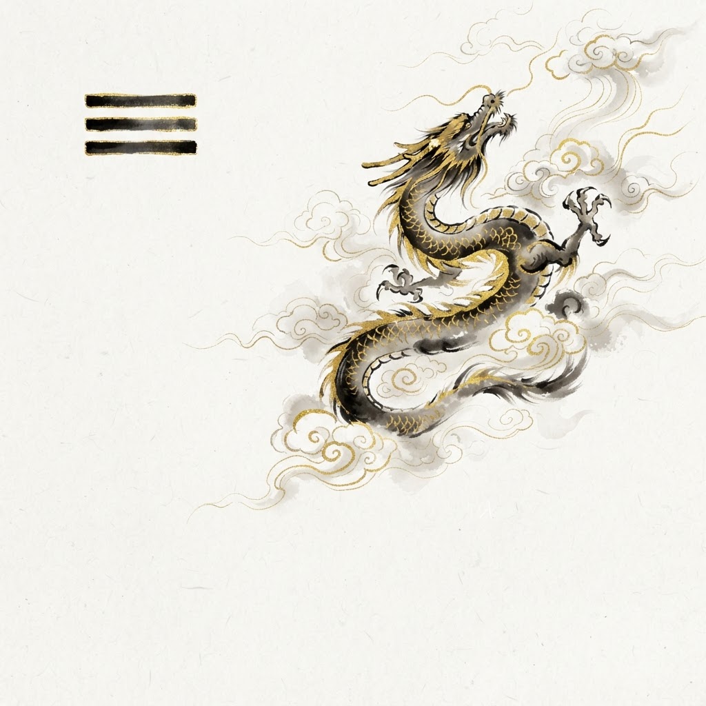 Ink wash painting of a dragon ascending through clouds, representing the Qian hexagram and pure yang energy