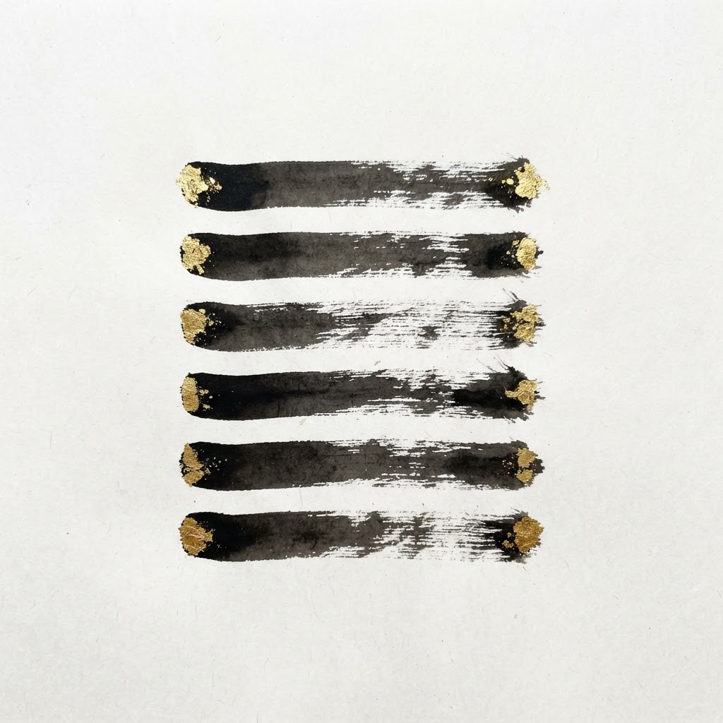 The six solid yang lines of the Qian hexagram painted in ink wash style