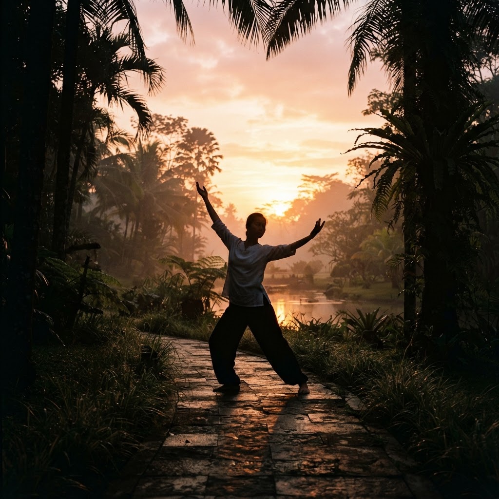 Gentle qigong at sunrise, movement that helps the body transform dampness
