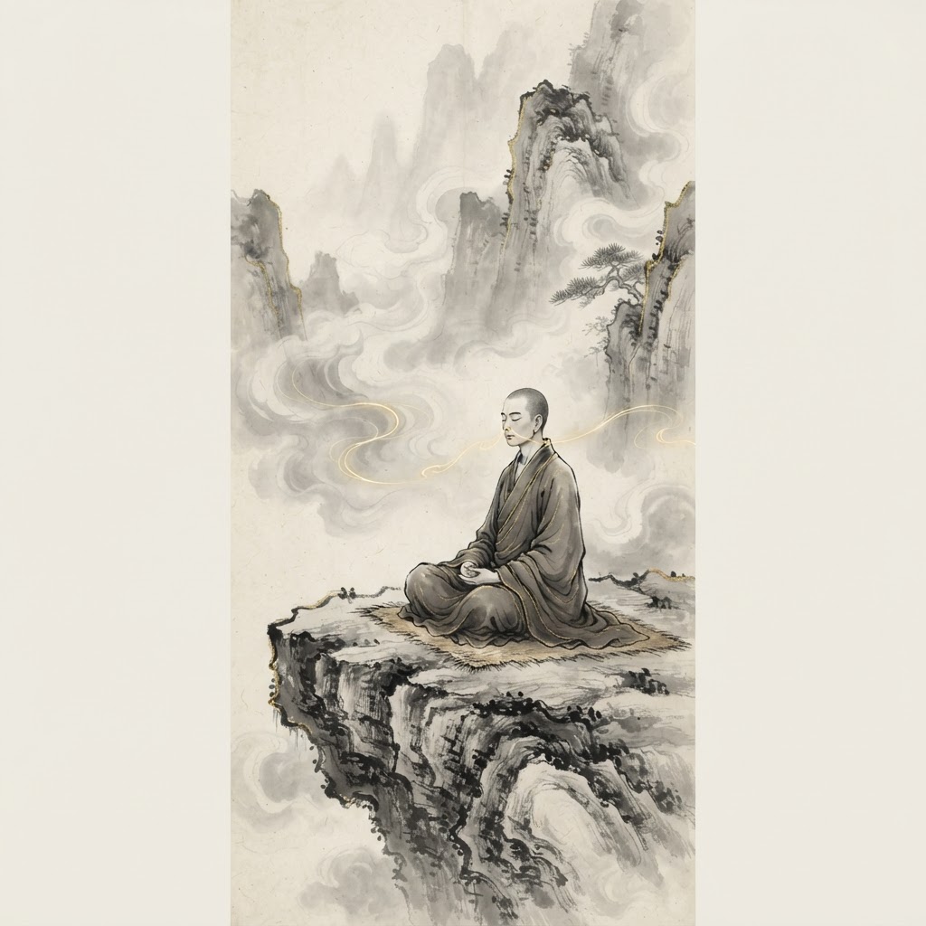 A practitioner in seated meditation on a mountain plateau, breath as golden qi streams