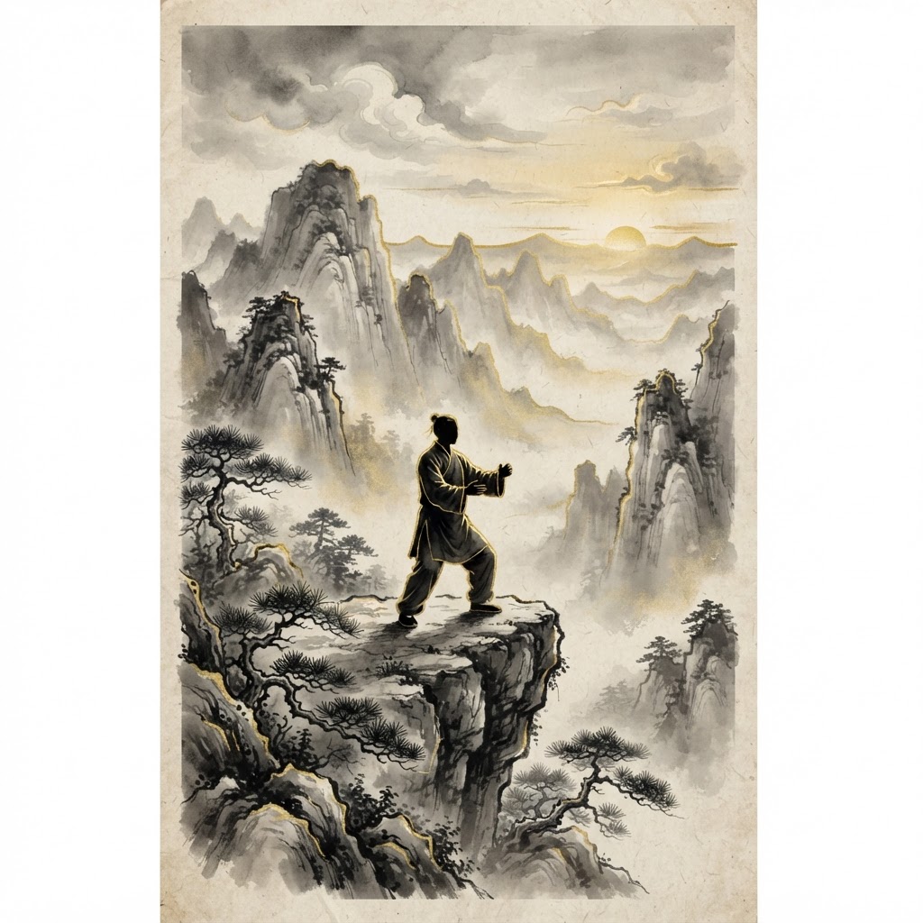 Standing pole meditation (zhan zhuang) on a cliff at dawn, golden rim light