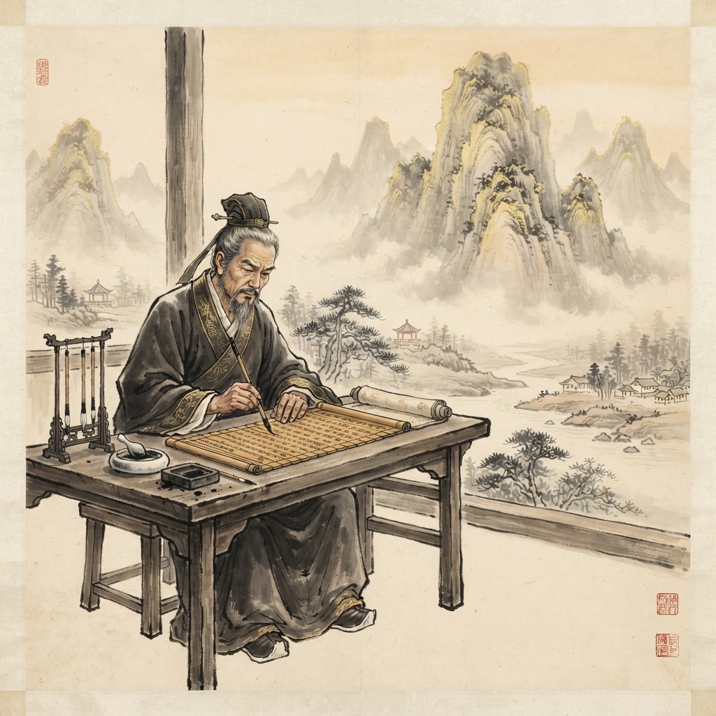 Ink-wash painting of an ancient Chinese historian writing at a desk with bamboo slips and gold accents