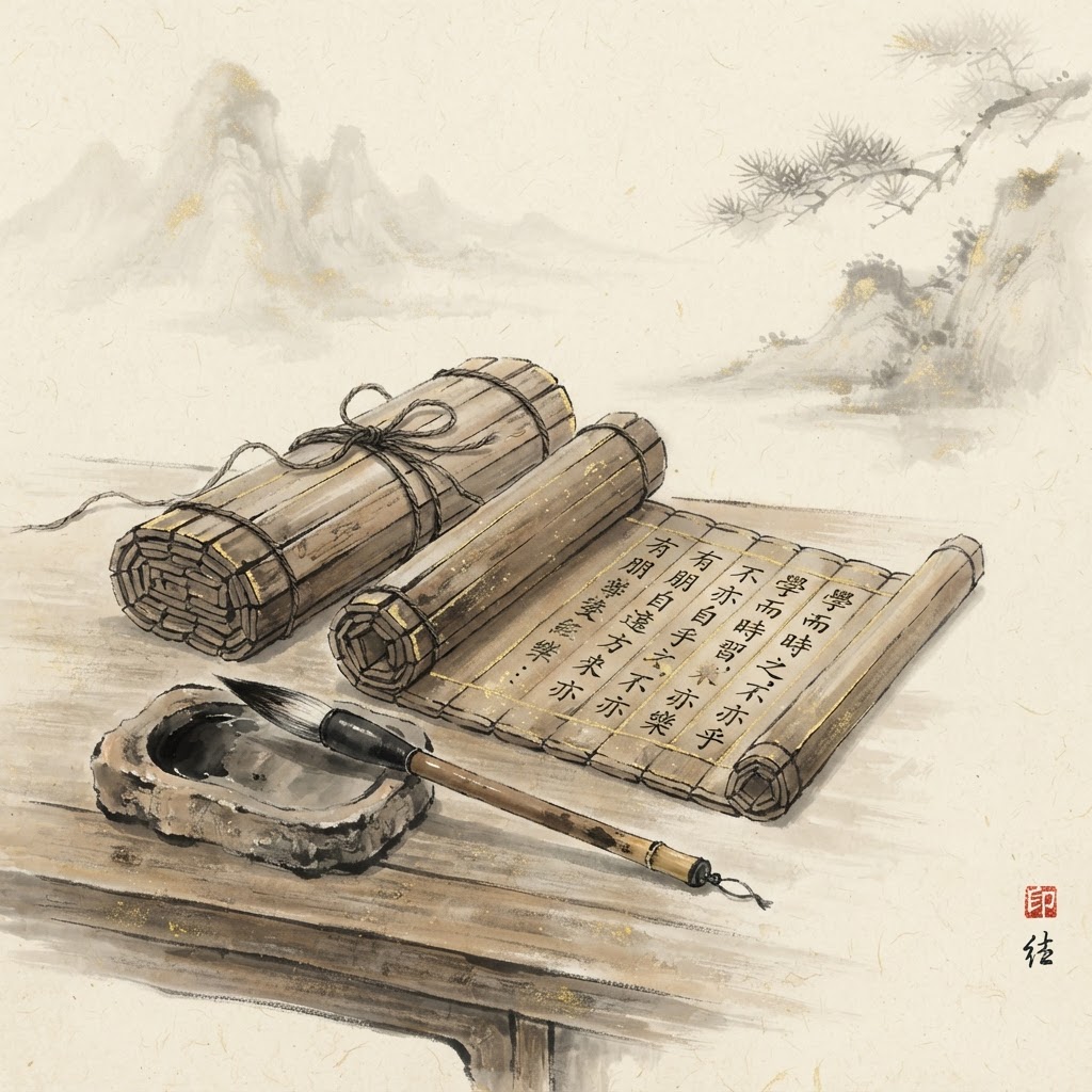 Ink-wash painting of ancient bamboo slips with Chinese characters and a writing brush