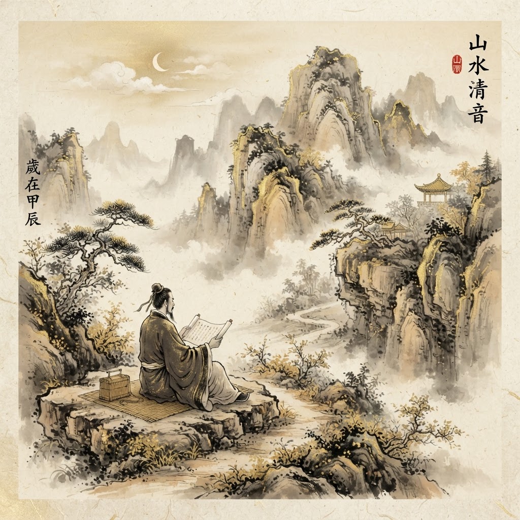 Ink-wash Chinese landscape with a scholar reading a scroll on a mountain path