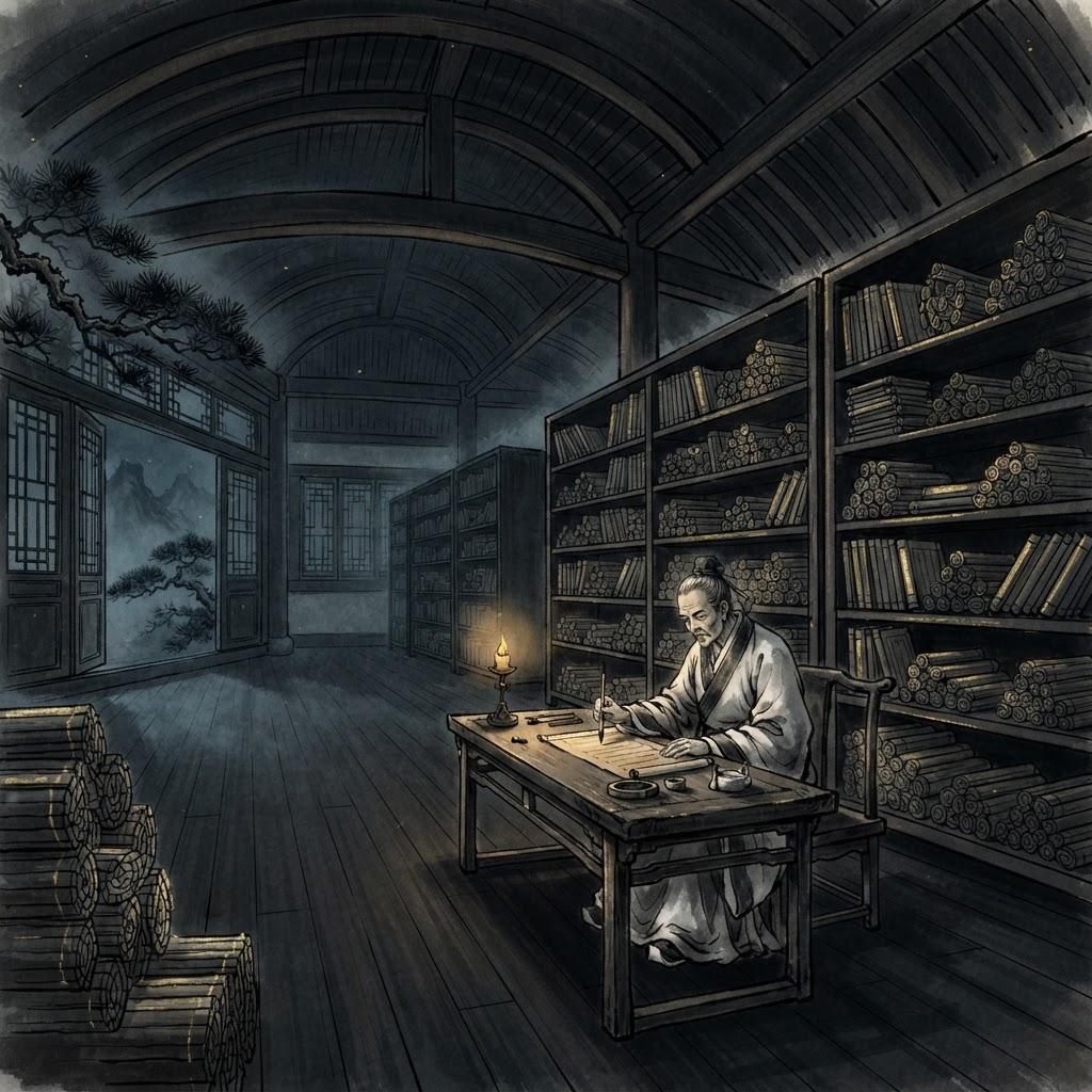 Sima Qian writing by candlelight in the grand historian's hall