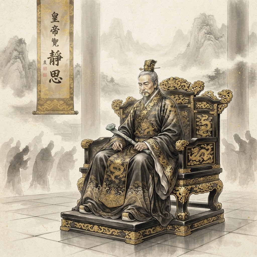 Ancient Chinese ruler on throne contemplating, ink-wash gold style