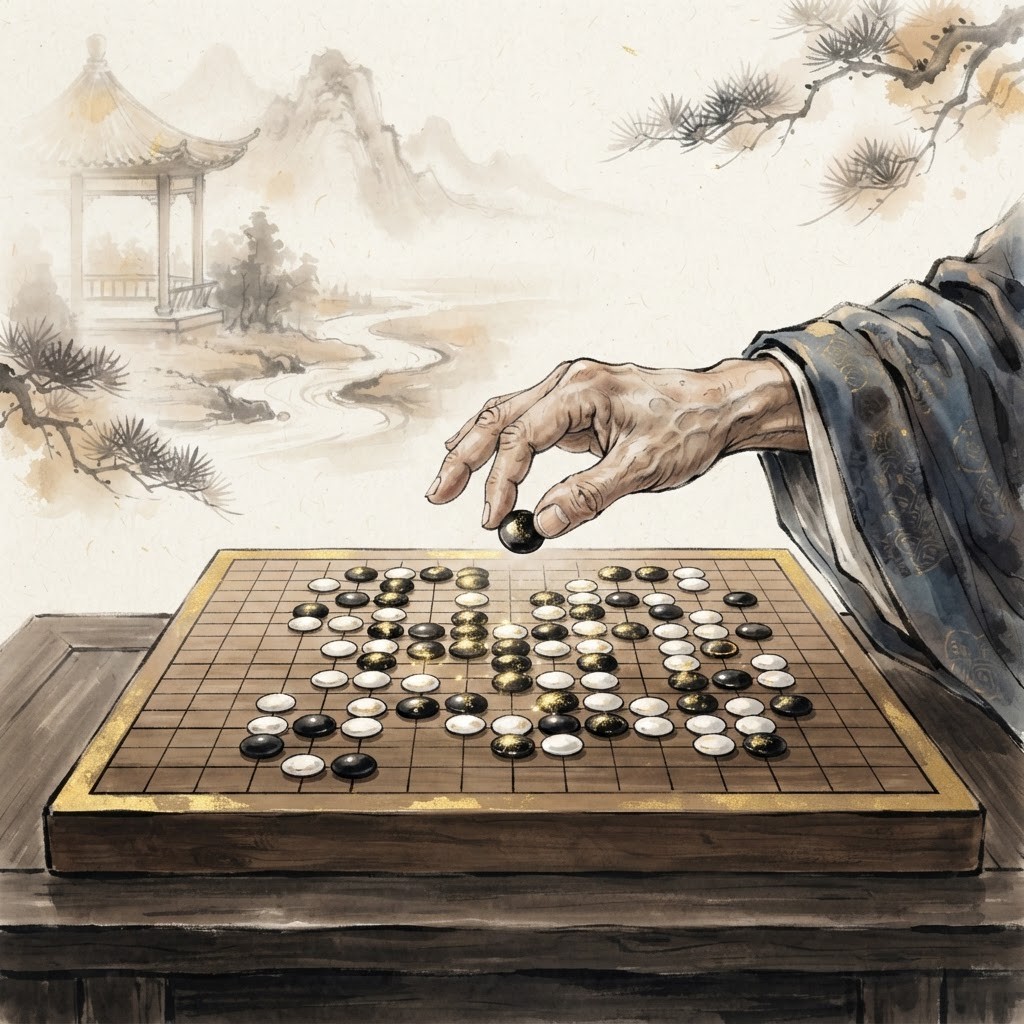 Weiqi go board with strategic stone placement, ink-wash gold style