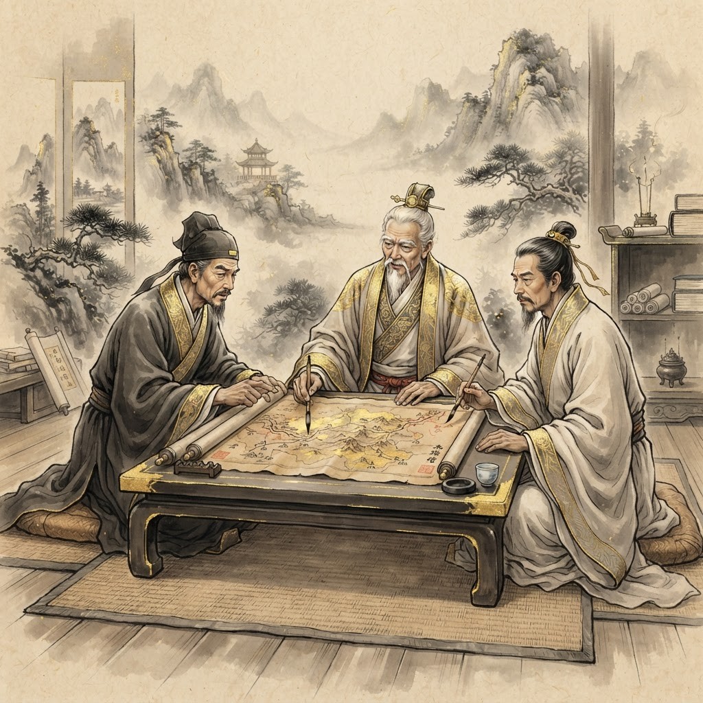 Ancient Chinese scholars discussing strategy around a table, ink-wash gold style