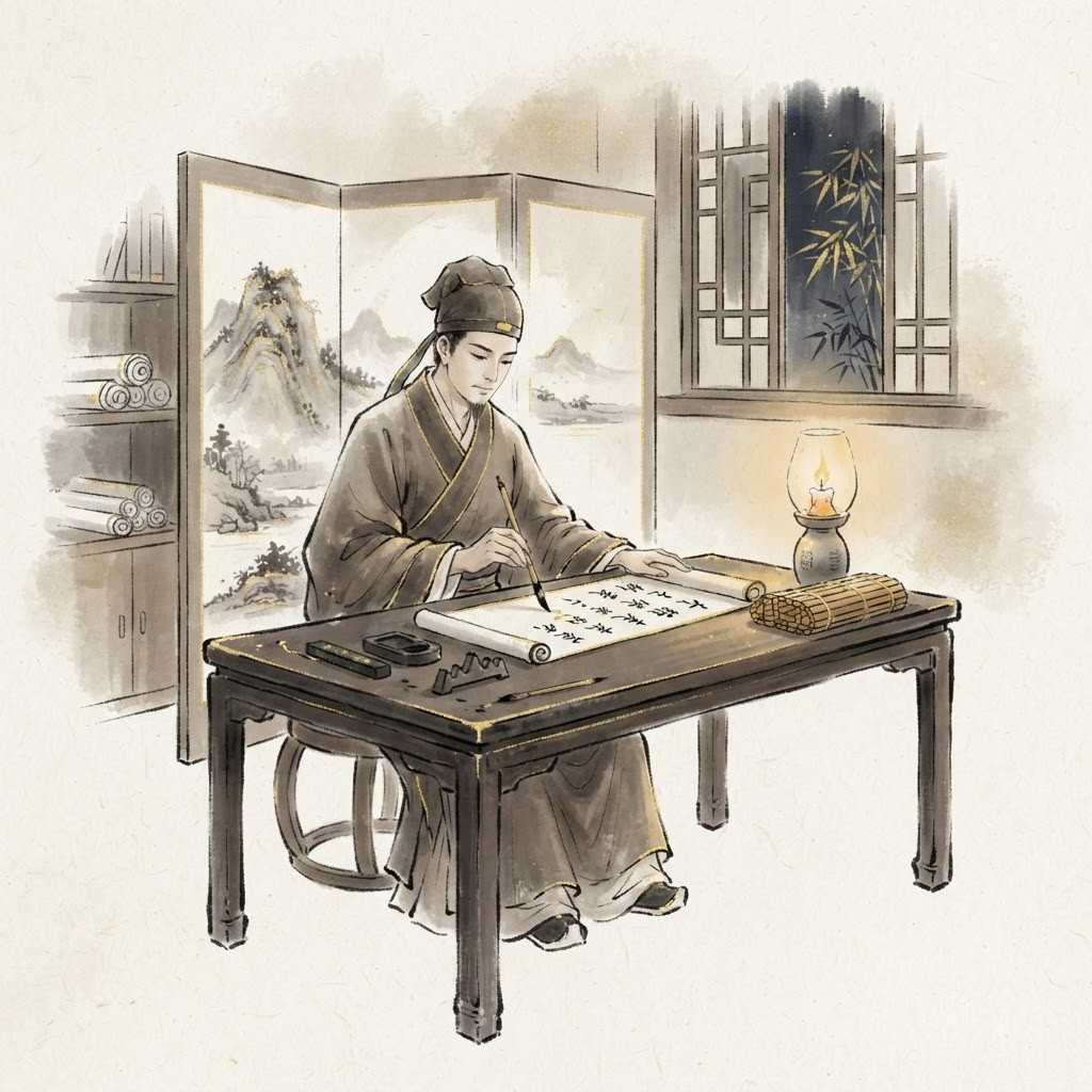 Ancient Chinese scholar writing with calligraphy brush, ink-wash gold style