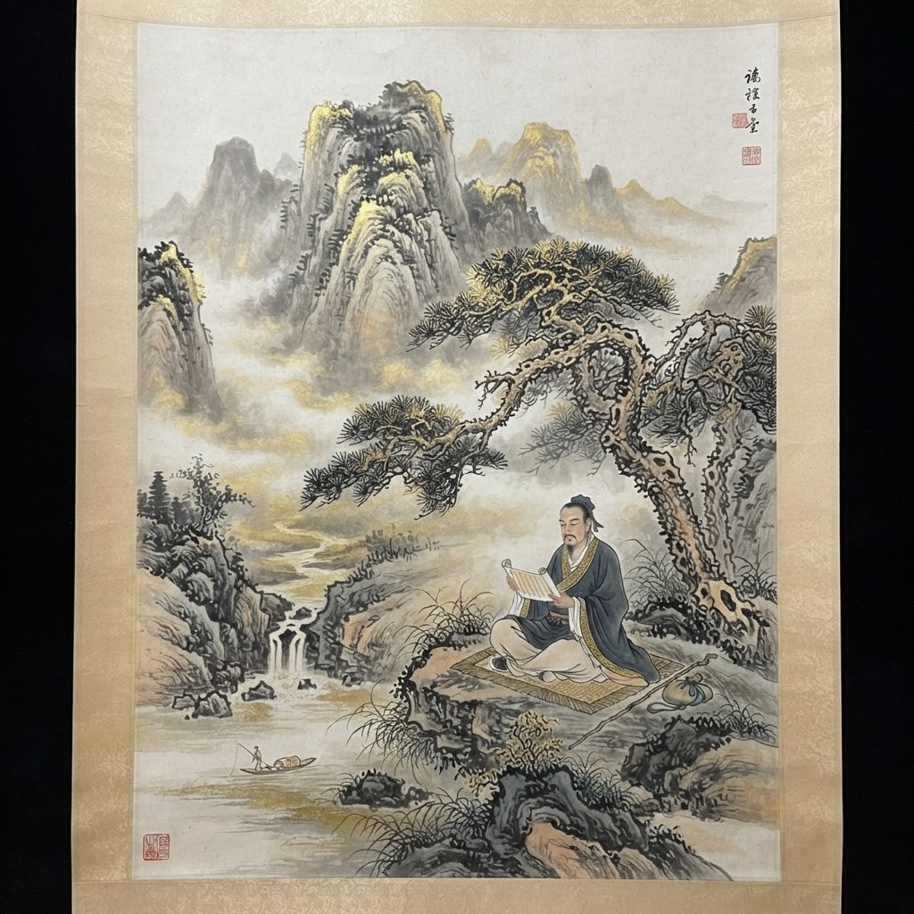 Scholar reading scroll under pine tree in mountains, ink-wash gold style