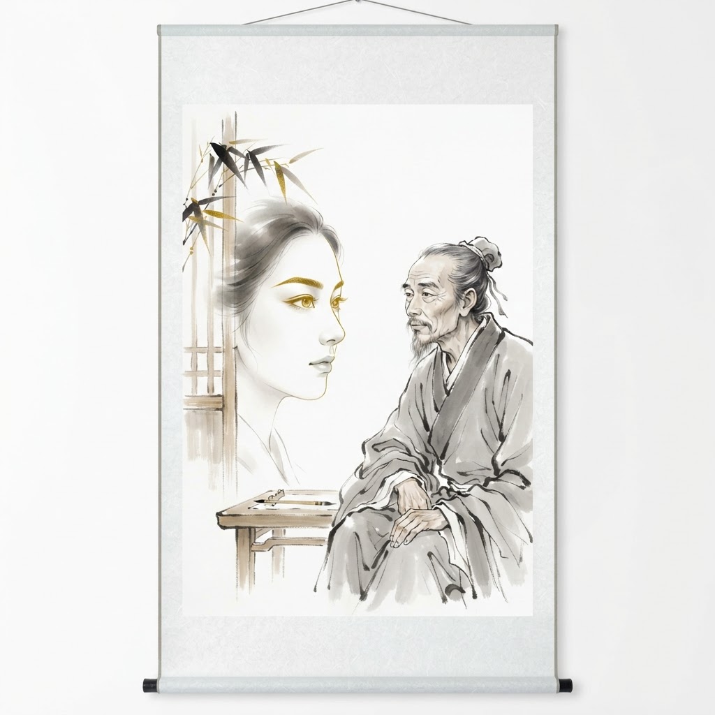 Ink-wash illustration of face reading, gold accent style