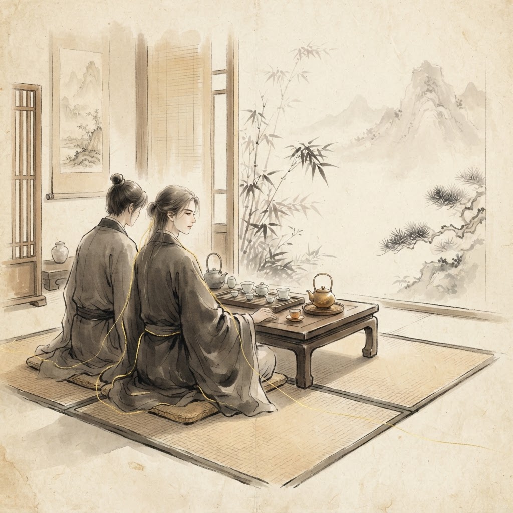 A quiet tea ceremony between partners: thin-browed individuals express love through shared depth rather than dramatic gestures.