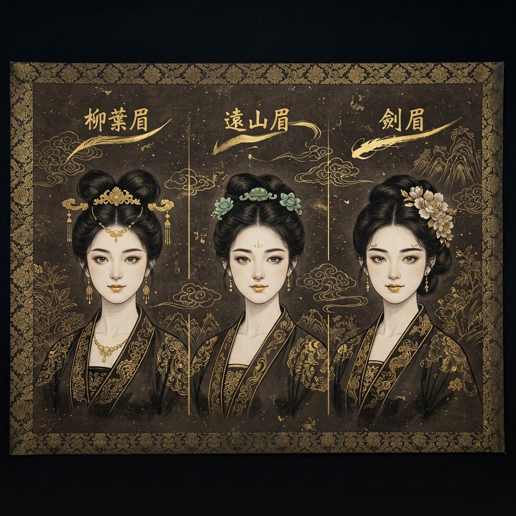 Ink-wash painting comparing thin sparse and short eyebrow shapes in face reading