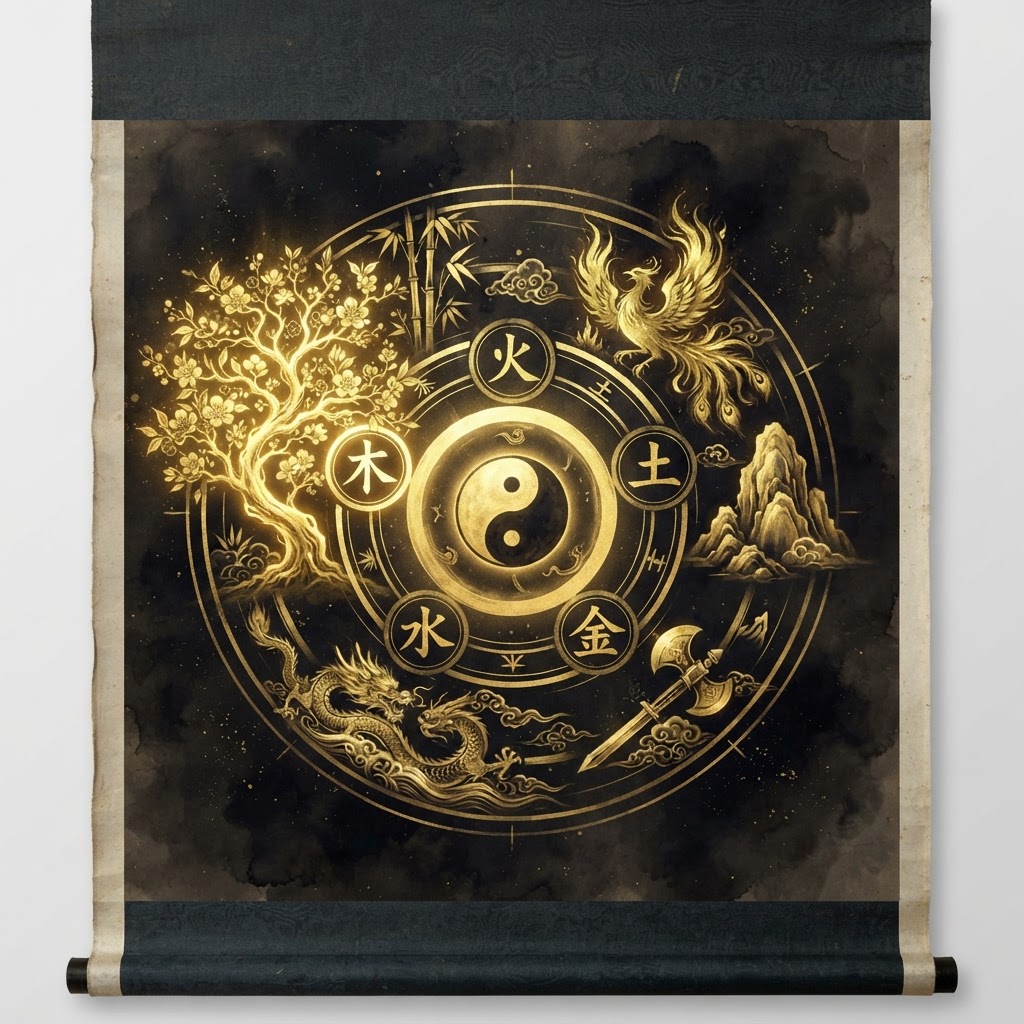 Five elements cycle with wood element in Chinese cosmology