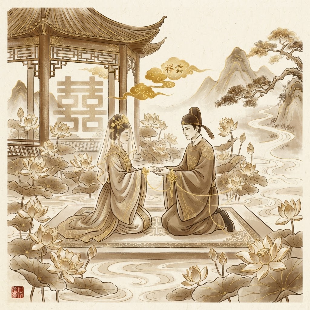 Partnership ceremony with golden thread symbolizing the Harmony god in Qimen date selection