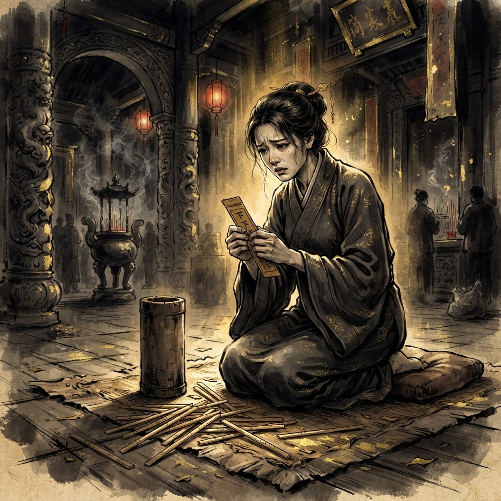 A person looking worried after drawing a difficult Guan Yin lot
