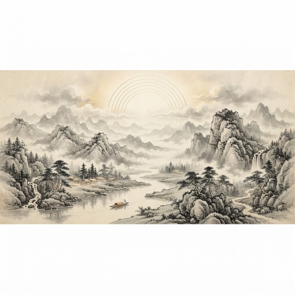 Xuan Kong feng shui misty mountains with cosmic time rings