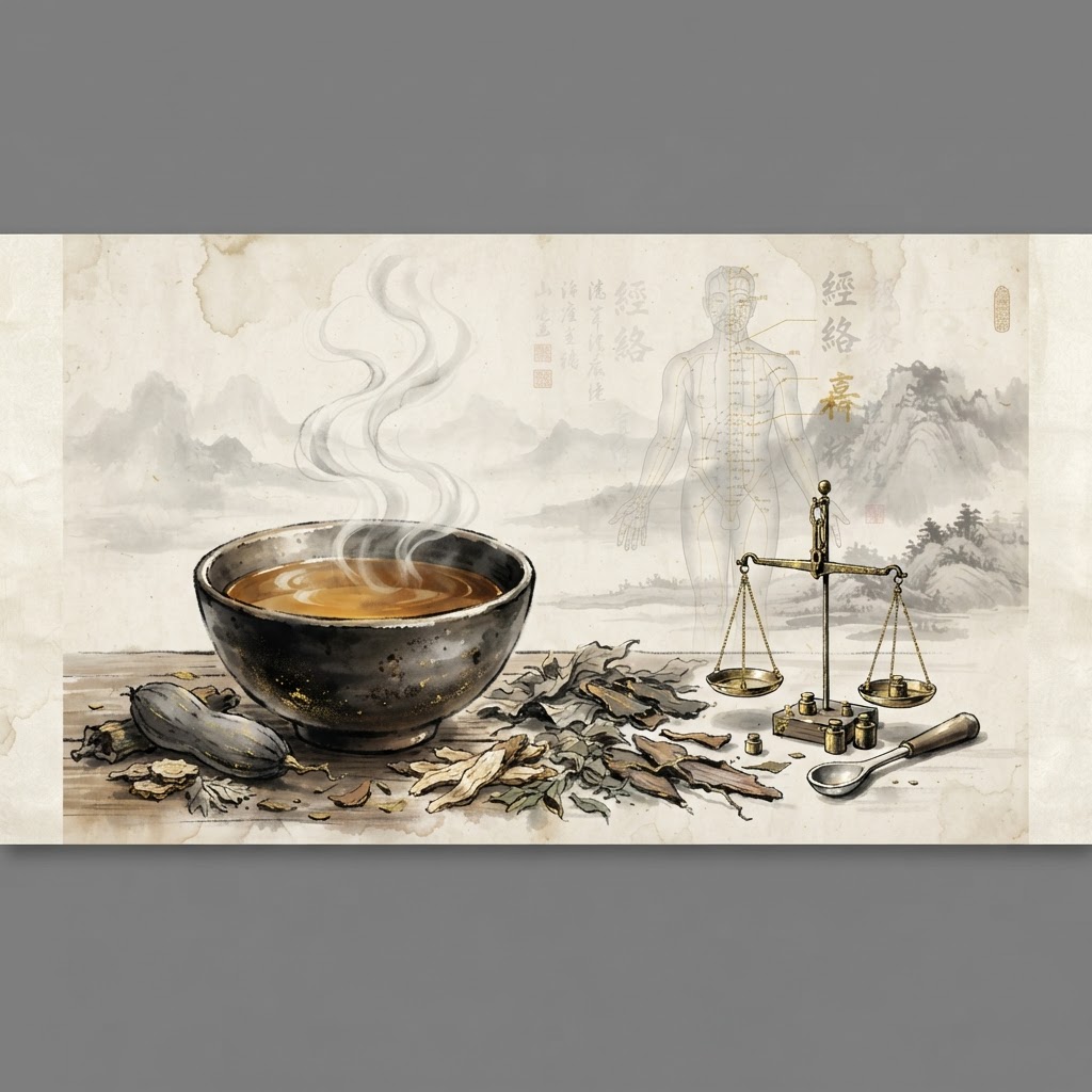 Traditional Chinese herbal medicine: a bowl of herbal tea with dried herbs and a balance scale