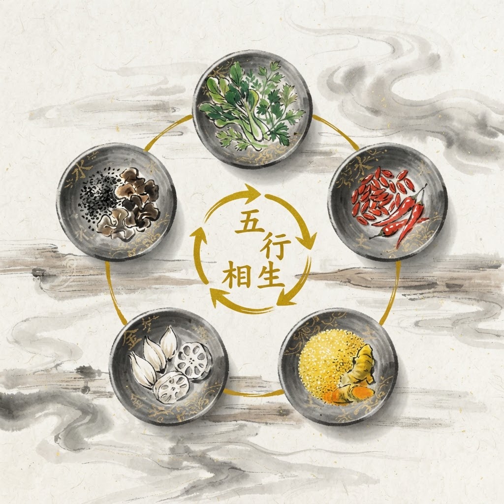Five elements food therapy: five bowls of colored foods in a generating cycle