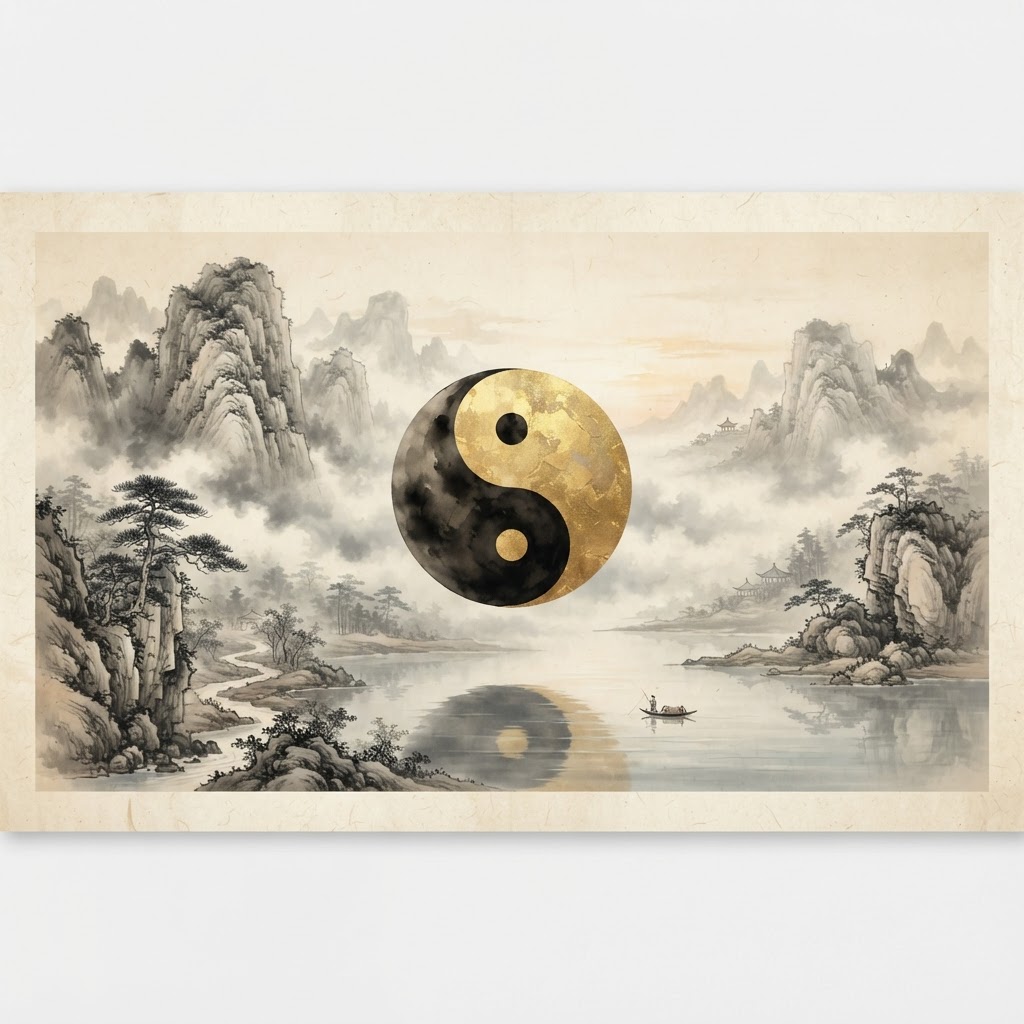 Yin yang balance between mountains and still water